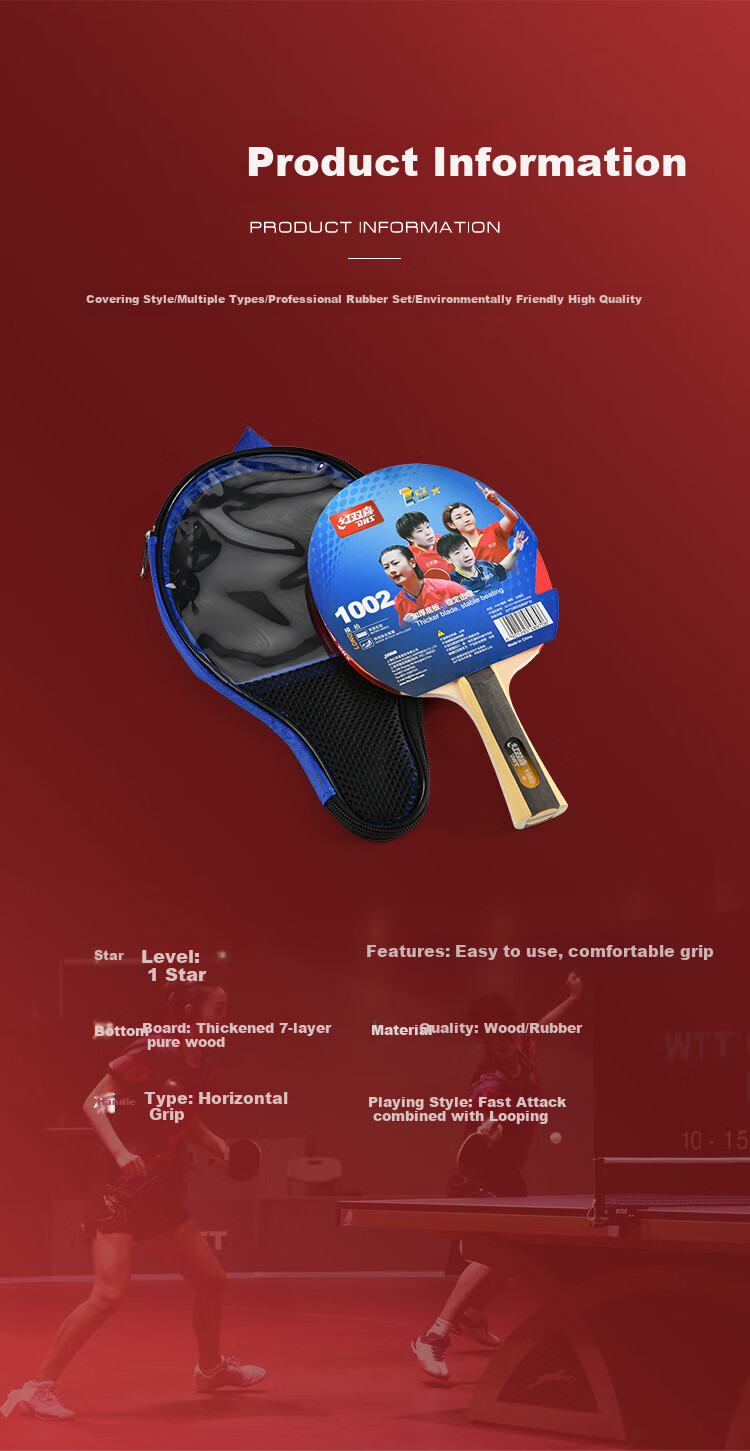 DHS Table Tennis Paddle, Professional 3-Star (Penhold Grip), Two Paddles Per Set, Double-Sided Reverse Rubber, Includes Racket Case, H3002 7