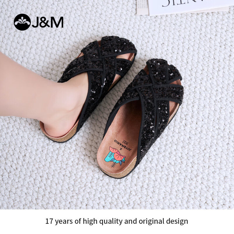 J&M Baotou Slippers for Women, Comfortable Hollow Birkenstock Sandals, Non-Slip Flat Casual Beach Slippers, Black, Size 37