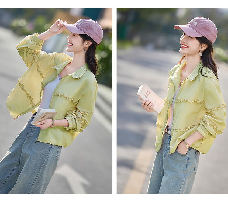 Shangjing Sweet Lace Trim Jacket, 2026 Summer New Lightweight Lace Patchwork Loose Sun Protection Coat for Women, Pink, S 9