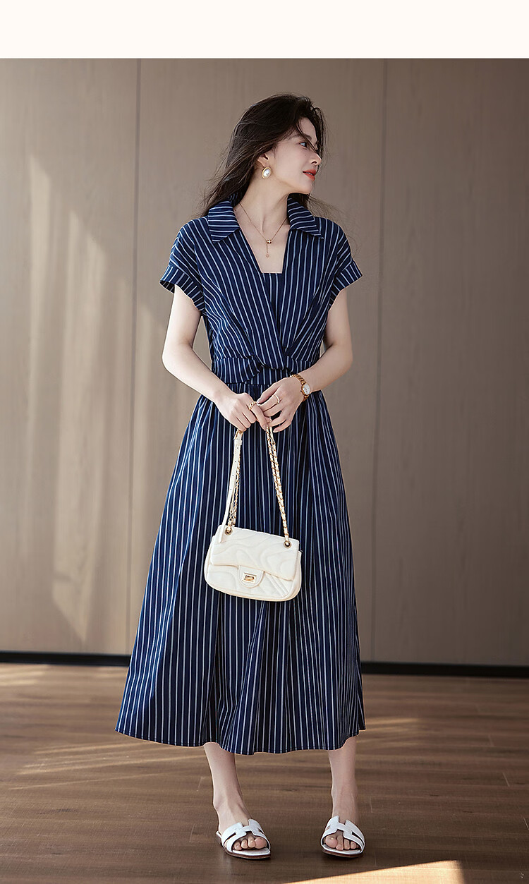Dme [Perfect Workmate] Summer Cloud Cotton Lapel Twisted Waistband Side Hidden Slit Striped Vintage Women's Dress 7