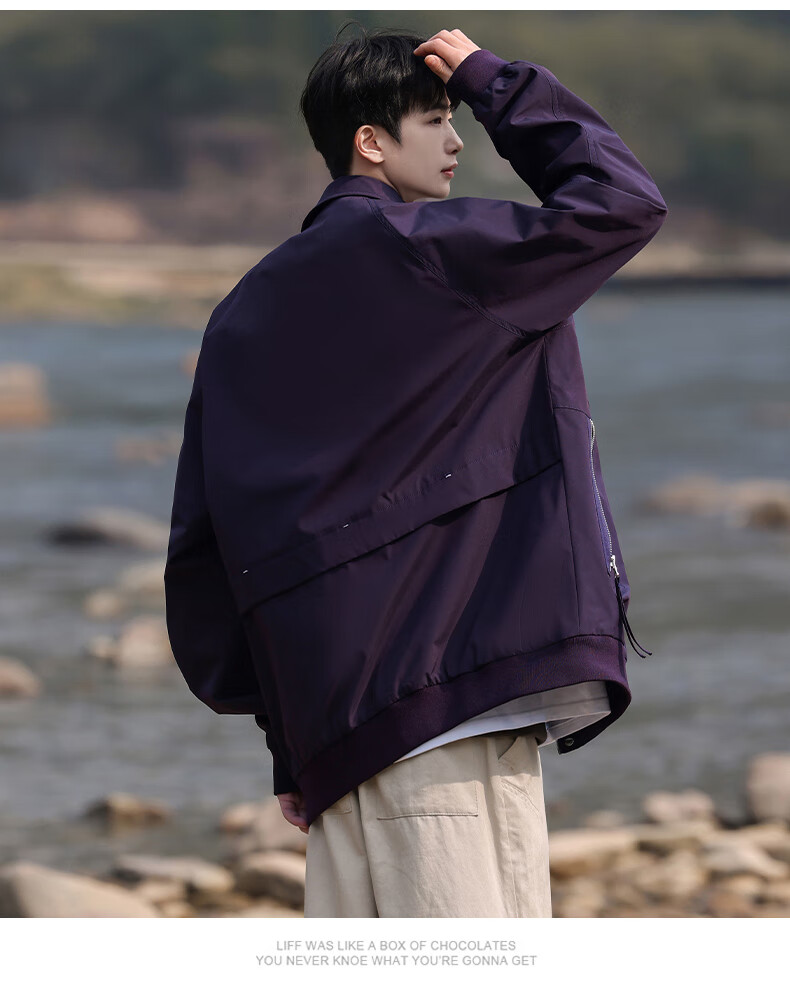IZEXX Lapel Jacket for Men, Autumn Baen Style Trendy Casual Outerwear, Loose Fit Youth Jacket HZ10 Amber Black M 11
