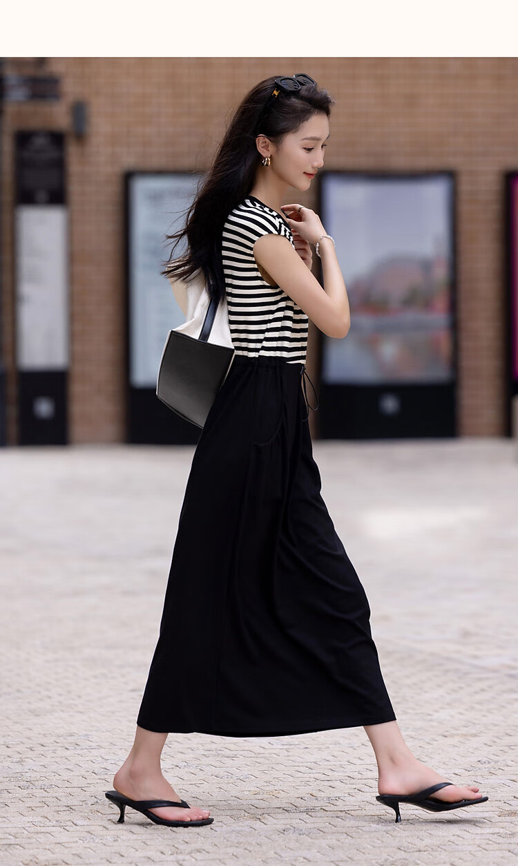 Dme [Striped Variations] Summer Design-Inspired Patchwork Waist-Adjustable Comfortable Slimming Midi Dress for Wome 11