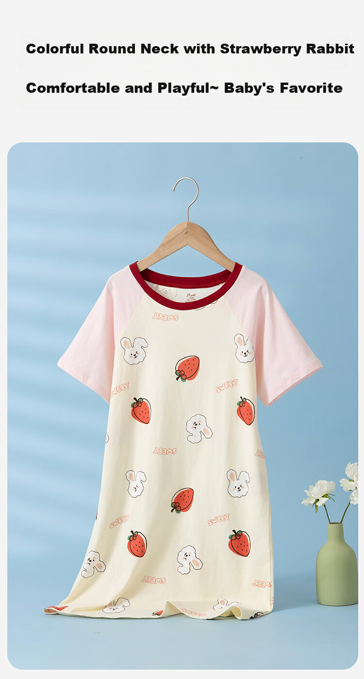 Dingguagua Girls' Nightgown Summer Children's Pure Cotton Pajamas, Cute Home Wear Dress for Girls, Pink 2, Size 130 2