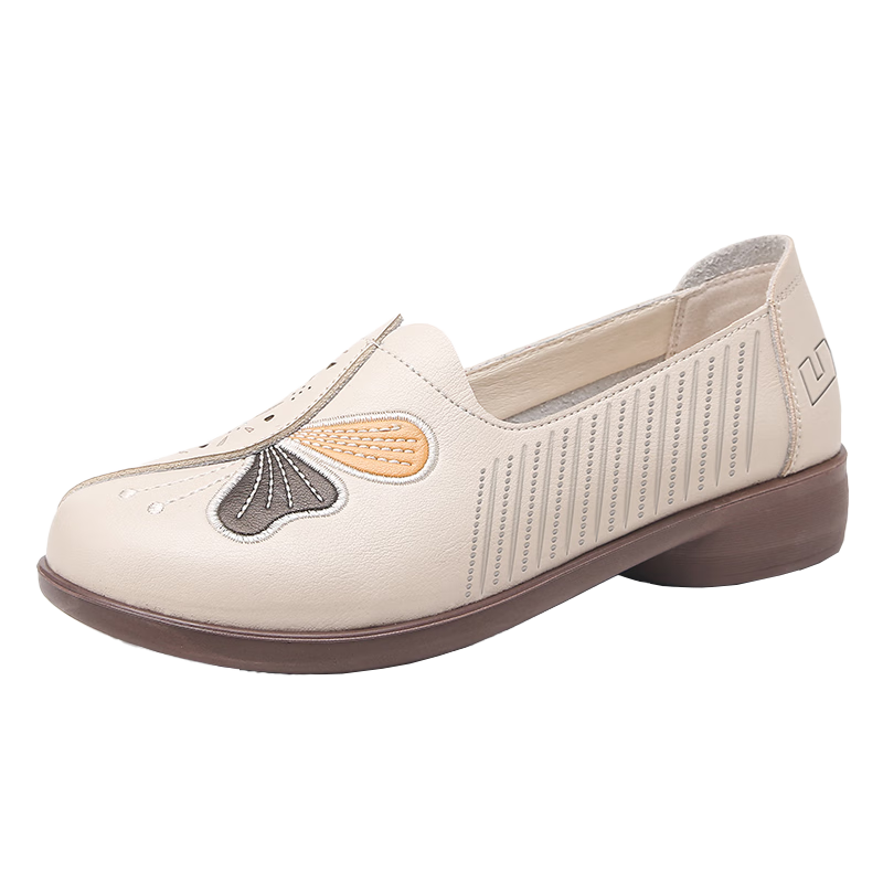 Huili Mom Shoes for Women, Comfortable Middle-Aged Non-Slip Perforated Middle-Aged Single Shoes, Summer Sandals, Soft-Soled Leather Shoes, 0101 Beige, Size 41
