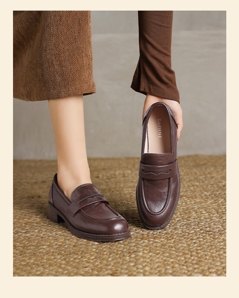 DAPHNE British Style Black Leather Shoes for Women, 2026 New Summer Thick Mid-Heel Loafers, Commuter Work Slip-On Flats 13