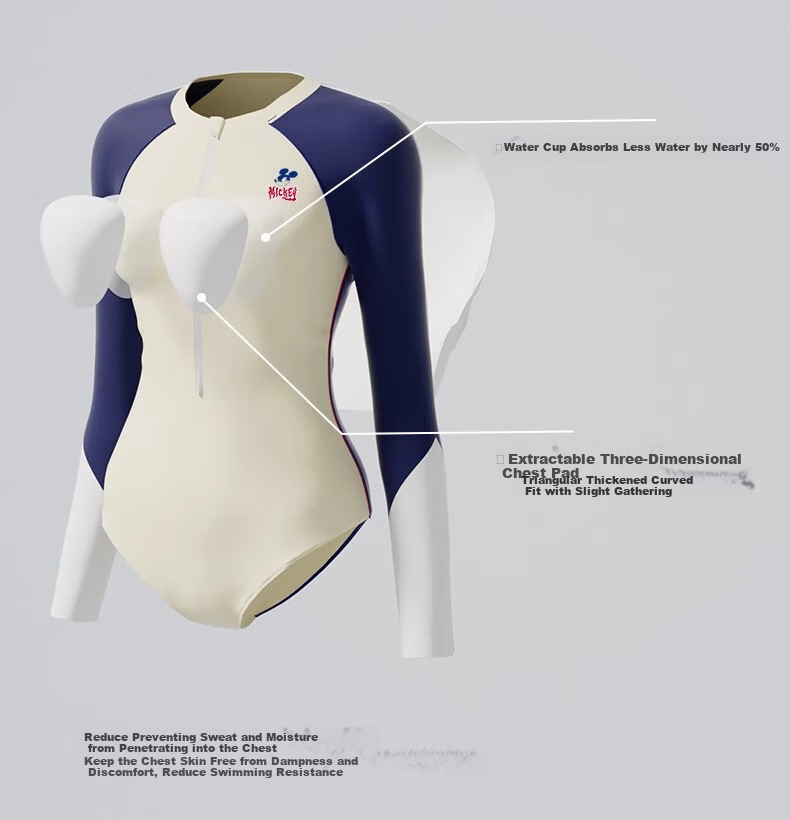Disney Women's One-Piece Swimsuit, Slimming Long-Sleeve, for Swimming Pool And Hot Springs, Professional Swimwear D15184 Beige M 7