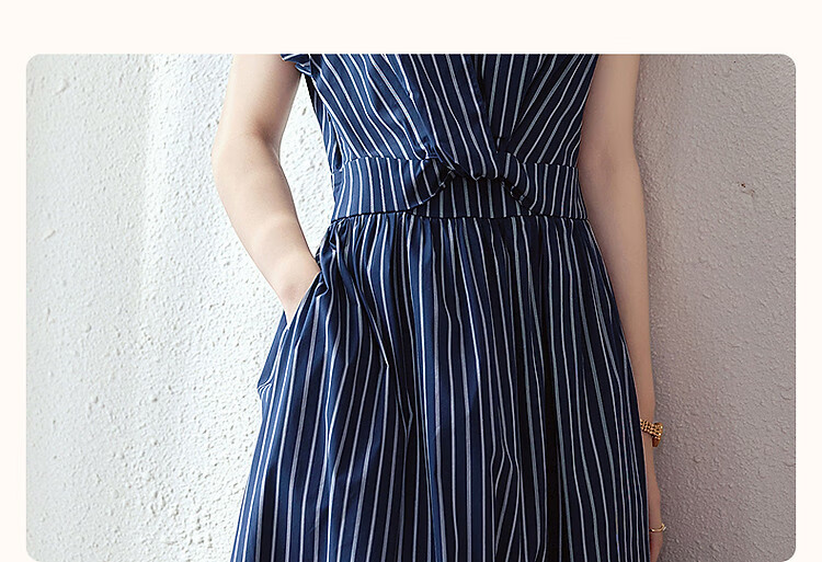 Dme [Perfect Workmate] Summer Cloud Cotton Lapel Twisted Waistband Side Hidden Slit Striped Vintage Women's Dress 2