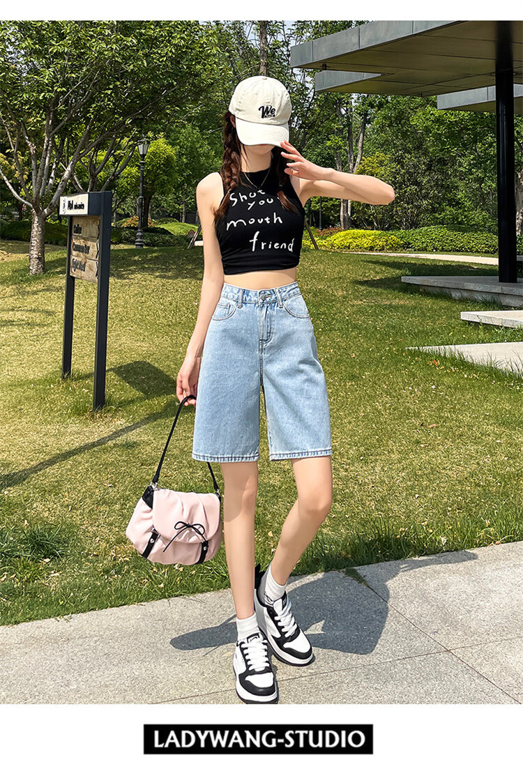 Jeanswest Women's High-Waist Five-Point Summer Loose Straight-Leg A-Line Petite Mid-Length Denim Shorts Dark Blue 25 16