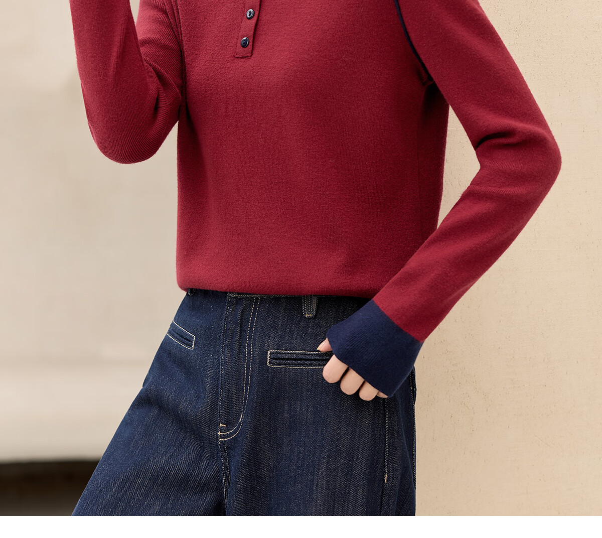 Chushen Spring Autumn Women's Knitwear Fashion Color-Block Round Neck Sweater Base Shirt S53Z030 1