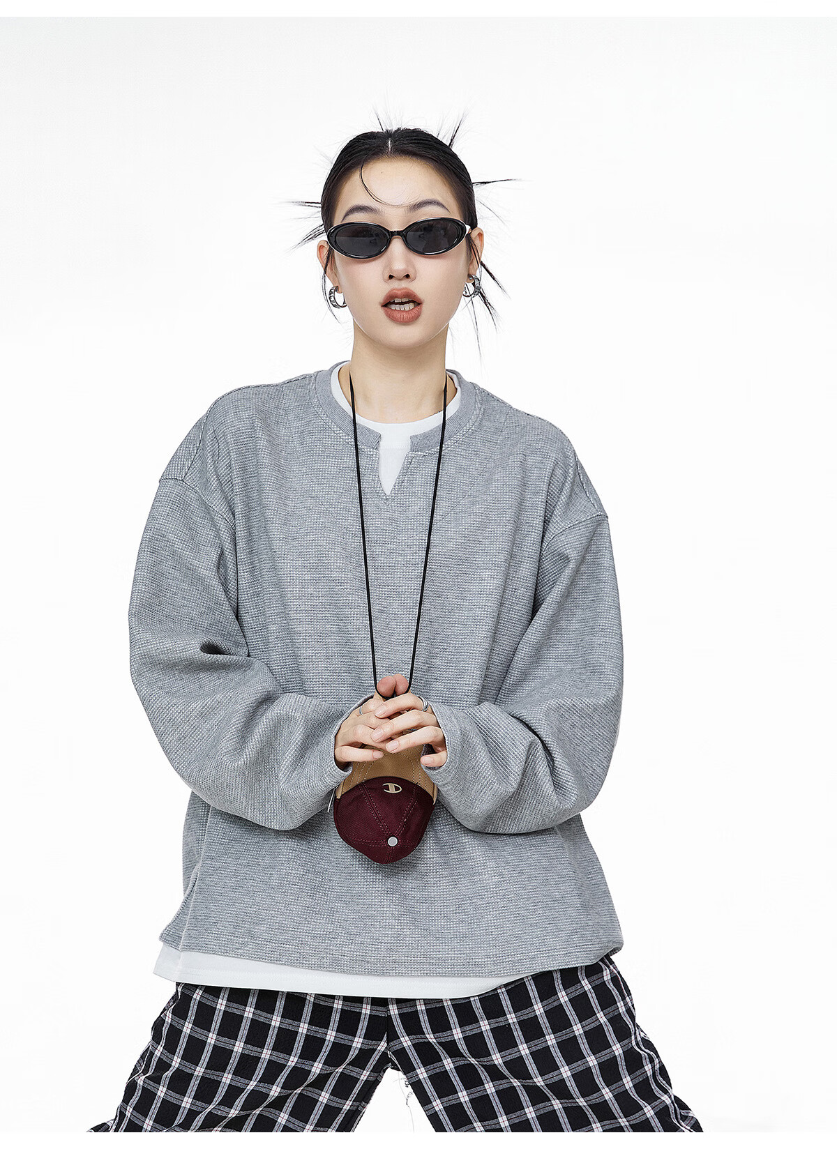 ICH MODE Women's Pullover Sweatshirt American Waffle Long Sleeve T-Shirt Autumn Winter Loose Casual Henley Neck Top Gray L 9