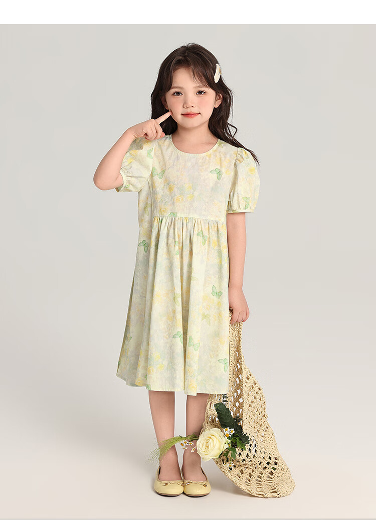 Budinghalu Girls' Pure Cotton Cute Dress, Summer New Style for Older Children, Butterfly Floral Print Dress, Versatile Princess Dress for Kids 12