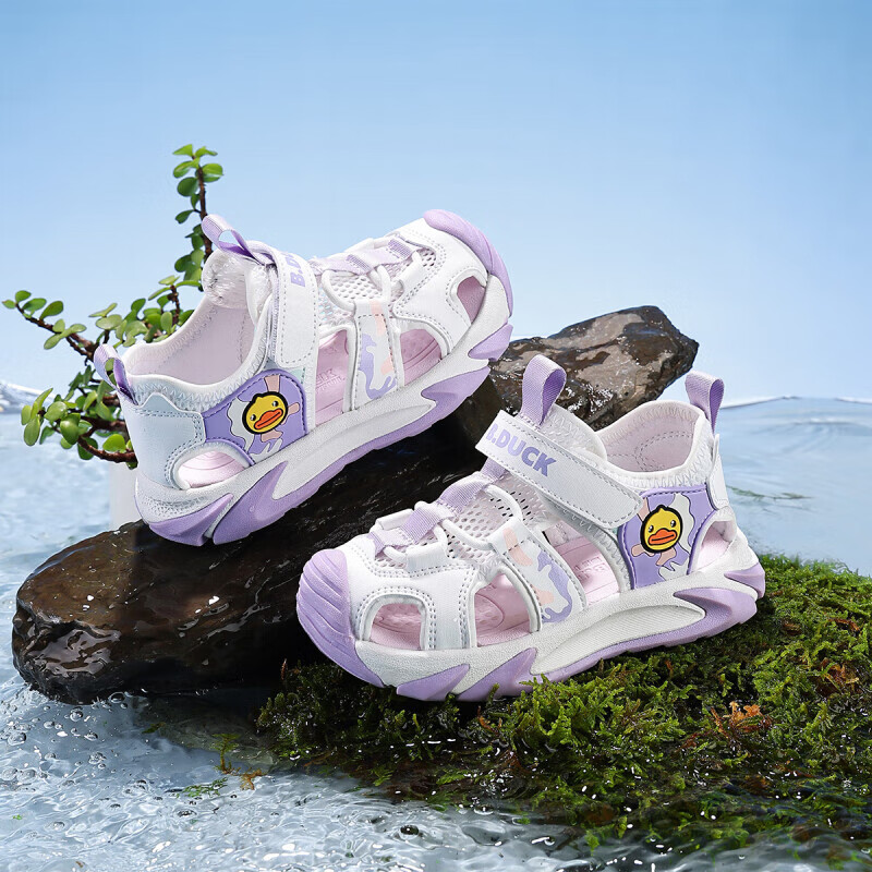 B.Duck Children's Sandals, Summer Boys' Anti-Kick Beach Shoes, Girls' Closed-Toe Functional Shoes, 6848 White And Purple, Size 24