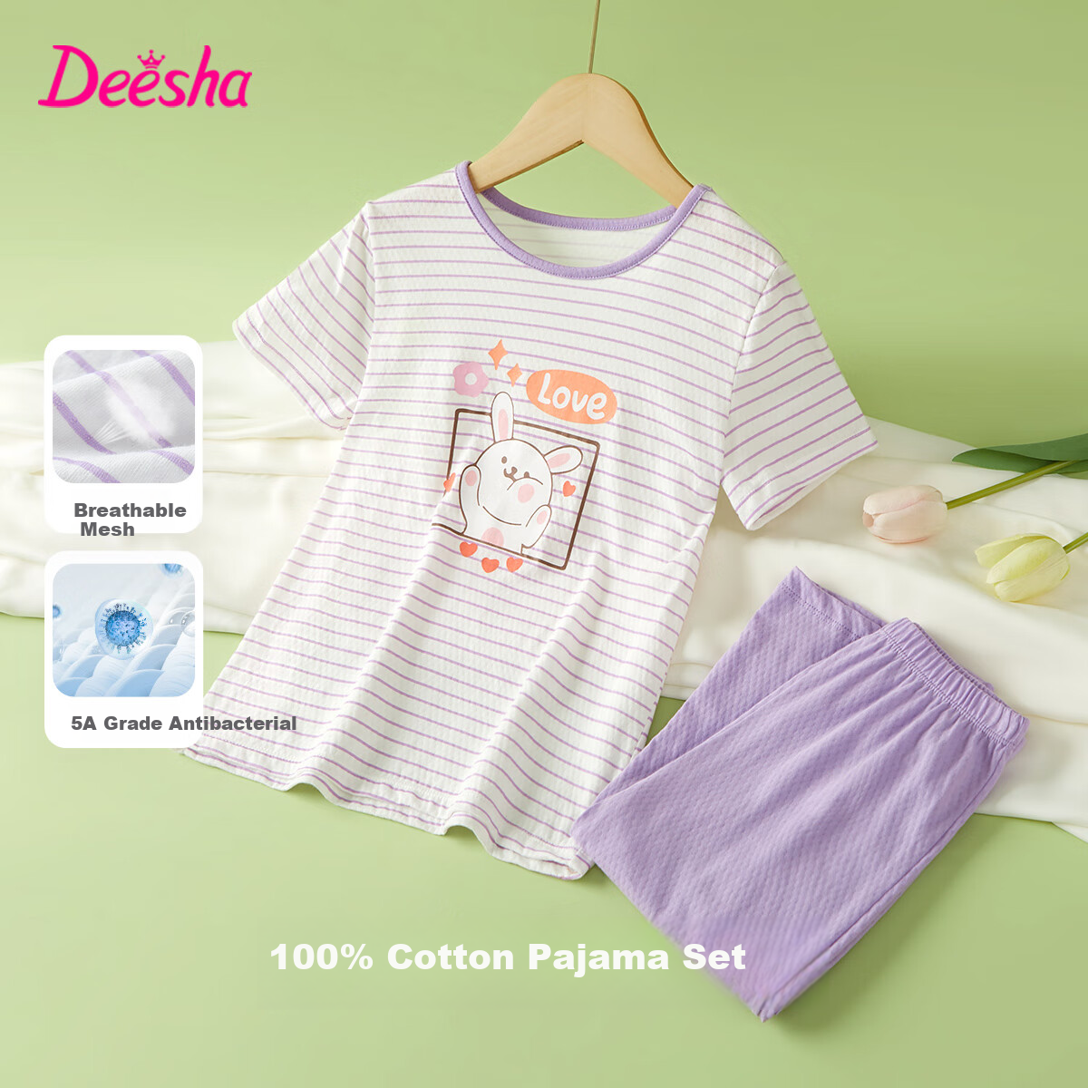 DEESHA [7A Antibacterial Cotton Mesh Jacquard], Girls' Lightweight Short-Sleeve Pajama Set, Soft Cotton Skin-Friendly Air Conditioning Wear
