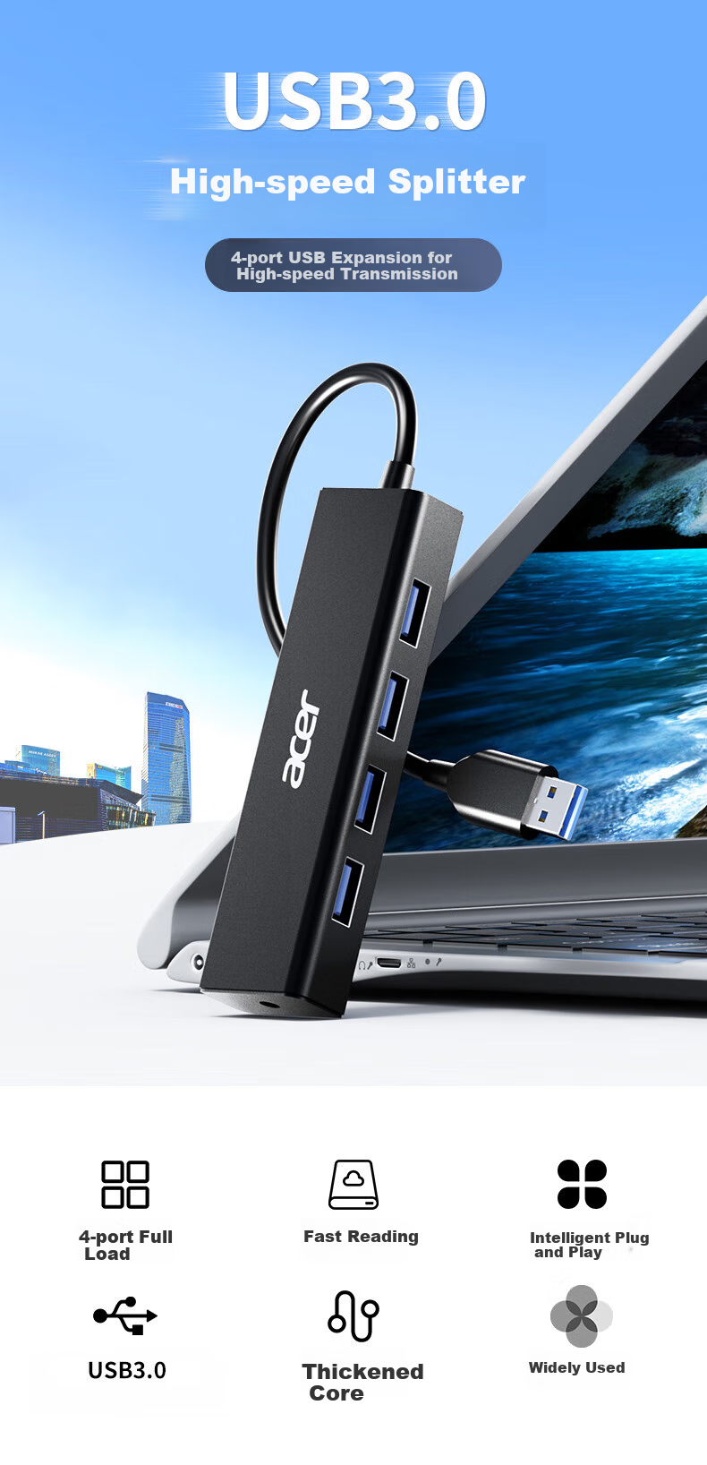 Acer USB 3.0 Hub, Expansion Dock, High-Speed 4-Port Hub Adapter, Compatible with Desktop Computers And Laptops, Multi-Port Converter, Extension Cable, 1 Meter 1