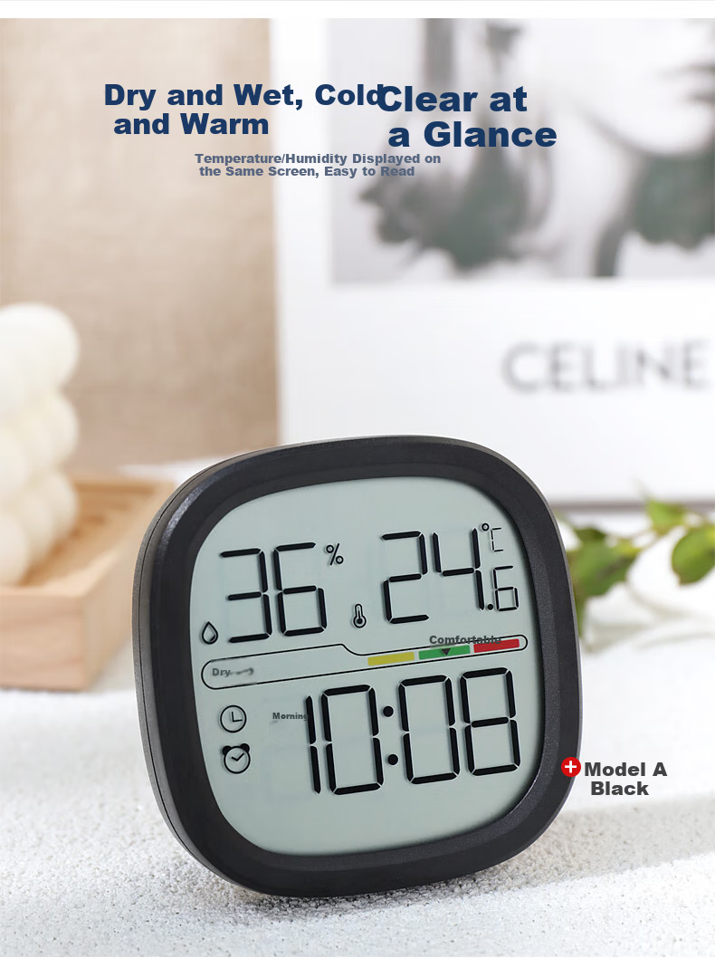 Hense Kitchen Magnetic Clock, Refrigerator Sticker Temperature And Humidity Electronic Watch, Living Room Digital Clock, Desktop Table Clock, Wall-Mounted Clock without Drilling, Student Bedside Alarm Clock HA302B White Model 3