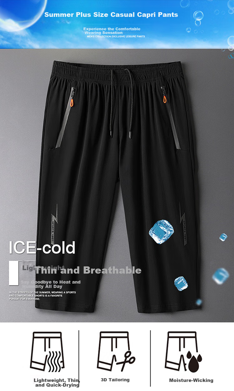 TUCANO Men's Shorts, Summer Sports Capri Pants, Loose Breathable Comfortable Straight-Leg Pants, Versatile Trousers, Men's Clothing, Black XL 1