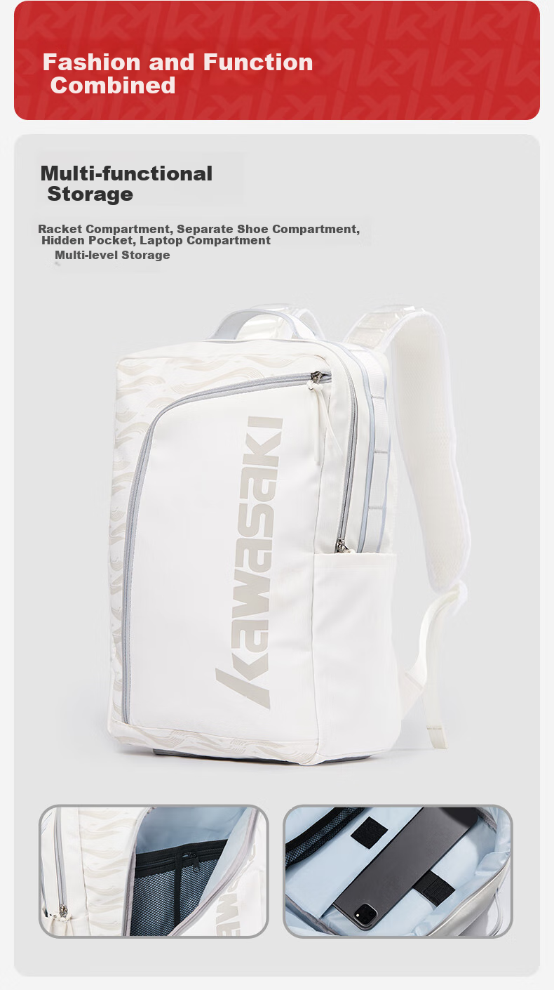KAWASAKI Badminton Bag, Starry Sky Casual Bag, Large Capacity, Separate Shoe Compartment, Sports Backpack C8238, White 3