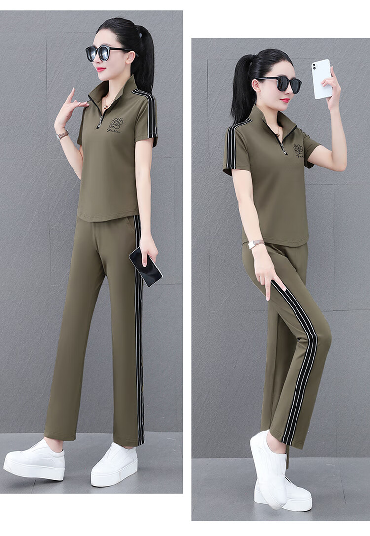 Woodpecker Zipper Sportswear Set for Women Summer Thin Cotton Middle-aged Fashion Casual Stand Collar Two-piece Khaki 2XL 18