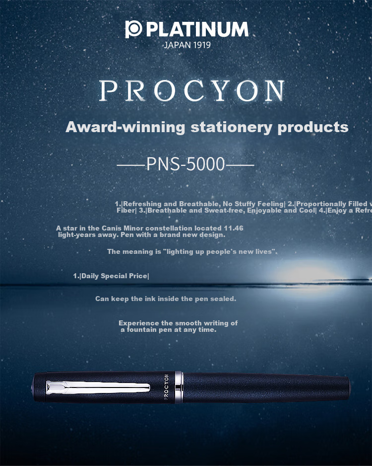 PLATINUM Fountain Pen PNS-5000 Fountain Pen PROCYON Handwriting Practice Iridium Nib with Replaceable Ink Cartridge, Lemon Yellow, Fine Nib 1