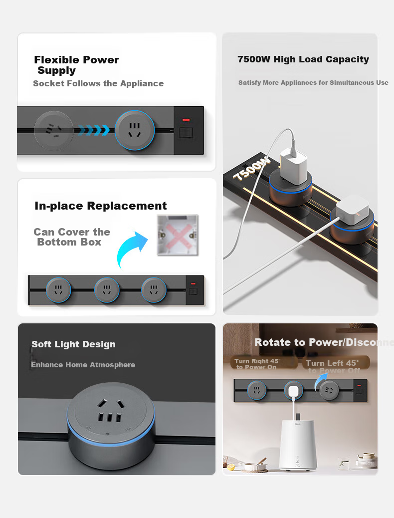 Lenovo Surface-Mounted Track Socket, Movable Wall Power Strip, Wall-Mounted Sliding Rail Socket, No Drilling Required, 50cm Track + 3 Five-Hole Sockets, Storm Gray 2