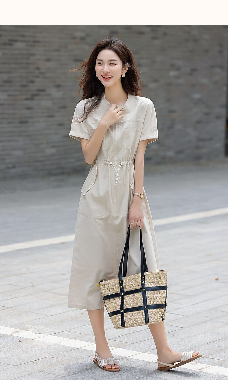 Demana [Healing Pure Cotton] Summer Workwear Style Stand Collar Sleeve Fold Adjustable Waist Petite Women's Dress 10