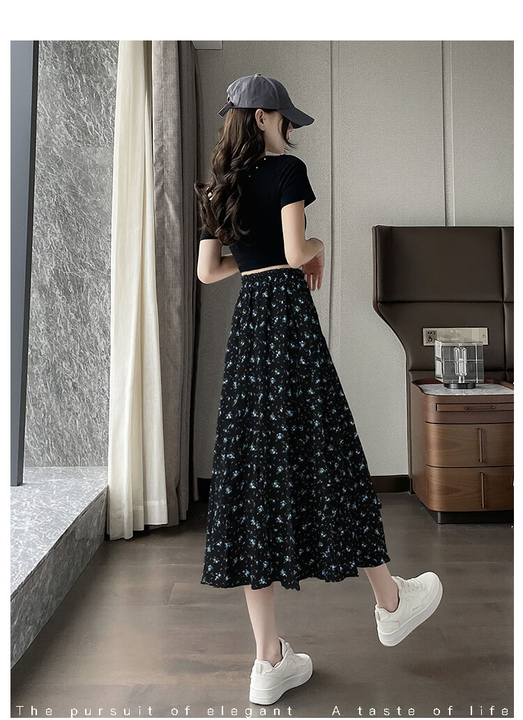 Awakening Paradise 2026 Summer New Slimming A-Line Mid-Length Skirt White Base Black Floral One Size 22