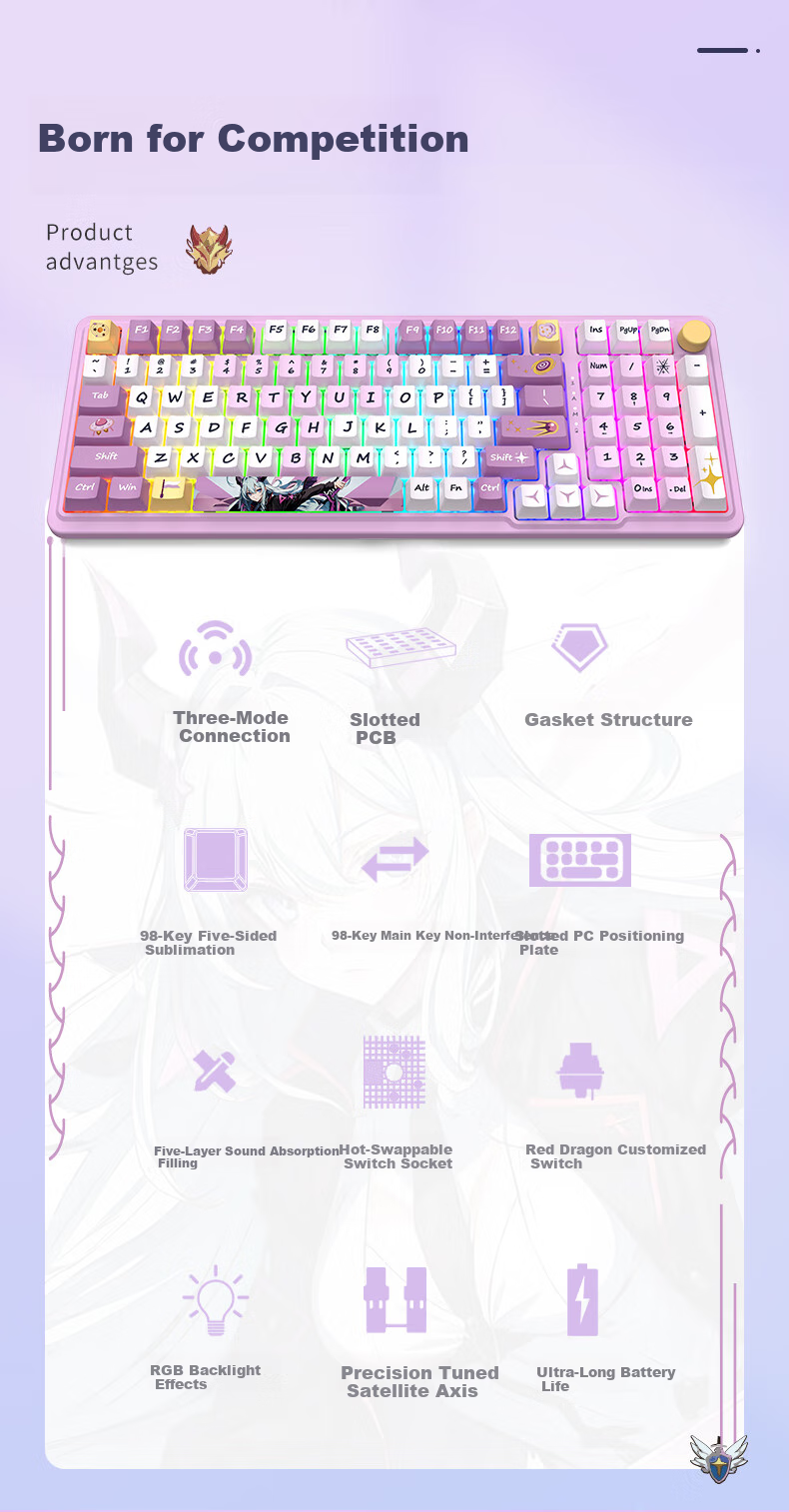 REDRAGON KS99 Custom Mechanical Keyboard, 98-Key Gaming Keyboard, Wireless Tablet Keyboard, New Year Gift, Blackberry Pink Gradient - Thin Lemon Switch 2