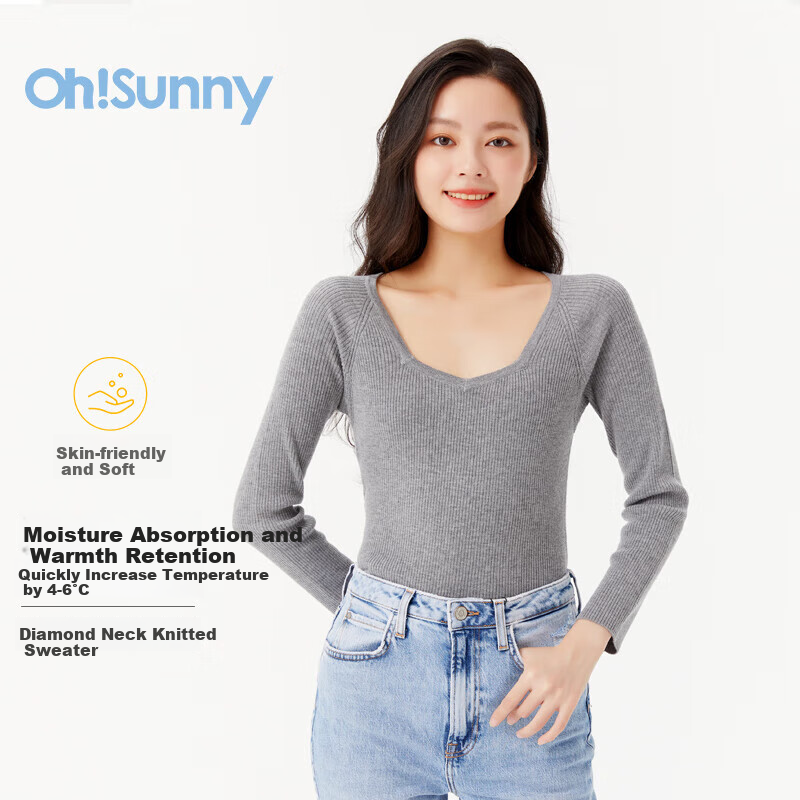 OhSunny Women's Base Layer Sweater for Autumn And Winter, Slimming Fit, Solid Color, Versatile Thin Diamond Collar Knit Top, Suitable for Commuting, Long Sleeves, 2022 Autumn And Winter Style, SLV2T044, Light Floral Gray, M