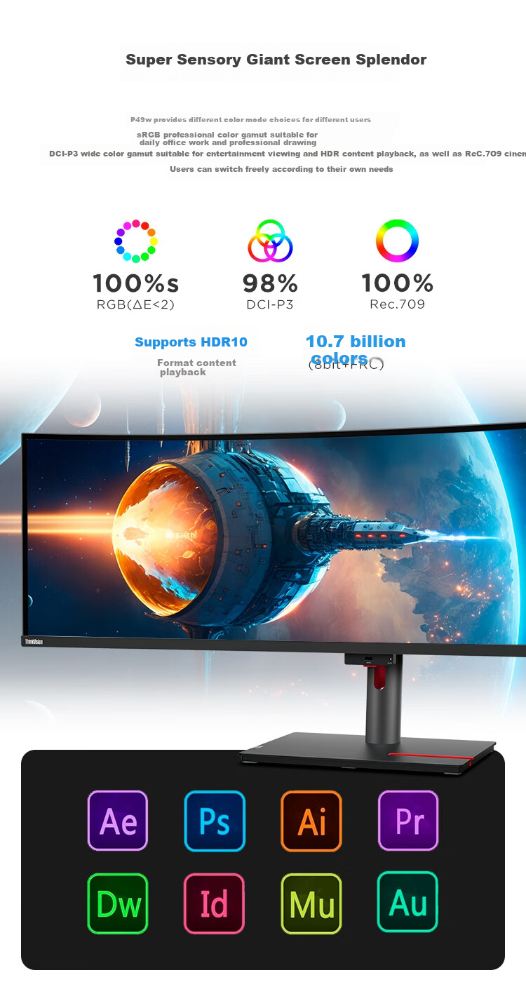 Lenovo ThinkVision 49-Inch 5K Curved Screen IPS Technology, 3800R Curved, Built-In Speakers, Rotating And Height-Adjustable Stand, Ultrawide Office Design Monitor P49w-30 5