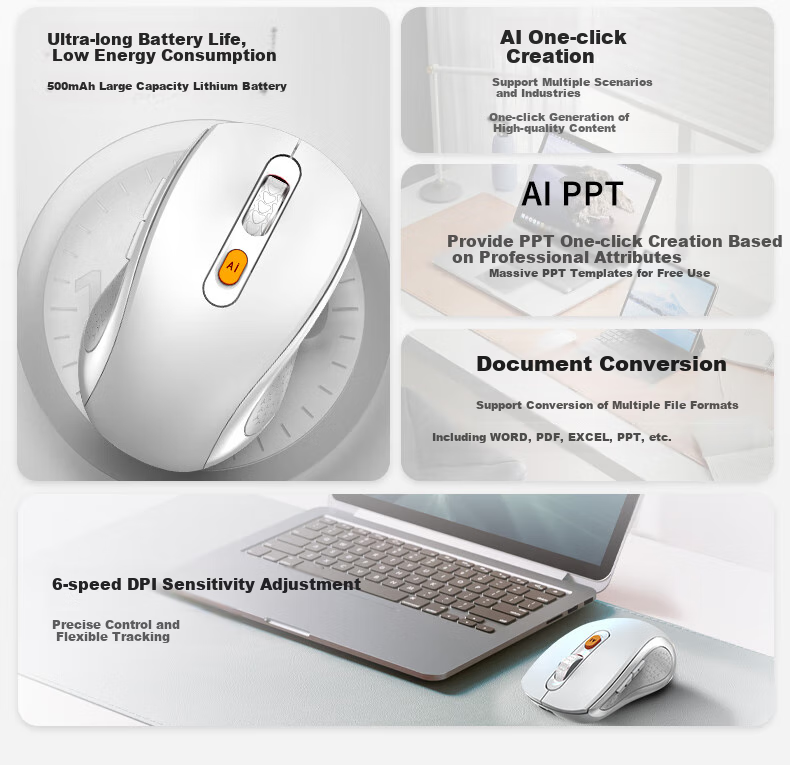 D.ROB Smart AI Mouse, Ergonomic Wireless Office Mouse, Bluetooth Dual-Mode Voice Typing Type-C Rechargeable Large Hand Mouse (With DeepSeek), D9 Black 5