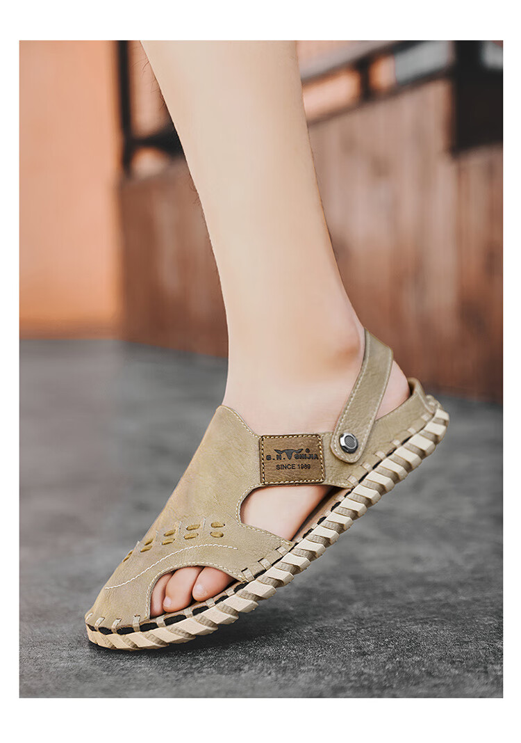 Bull Family Leather Sandals Summer Beach Shoes Men's Driving Outdoor Casual Trendy Soft Leather Soft Sole Handmade Hole Sandals 26