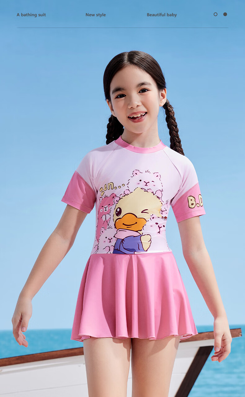 B.Duck Children's Swimsuit, Girls' Printed Short-Sleeve One-Piece Swimwear, for Young And Older Children, Camellia Pink, Size 130 1
