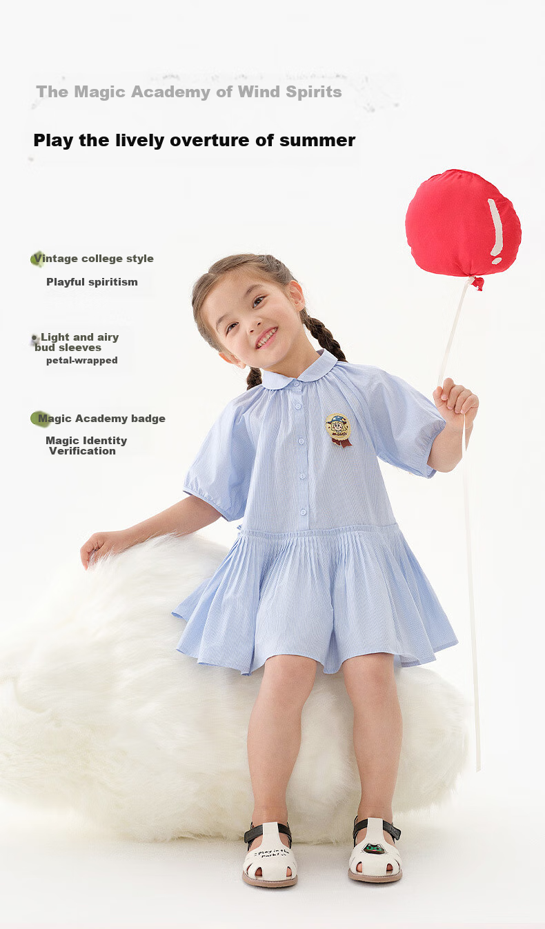 M.Latin [Magic Wind Elf] Children's Clothing, Malatin 2025 Summer New Girls' Retro Academic Short-Sleeve Dress 3