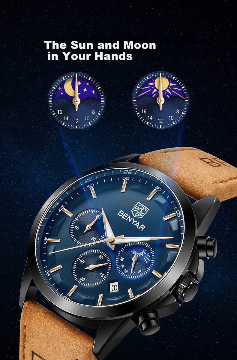 TSAR BOMBA Back-To Season Benyar Star Moon Calendar Men's Quartz Watch, Elegant Casual Business Style for Students And Boyfriends 2