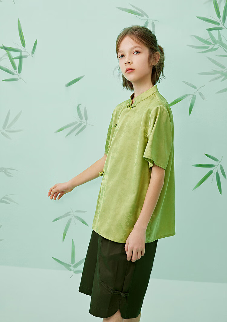 Zhimu Children's Clothing, New Chinese Style Satin Button Stand Collar Boys' Shirt, 2025 Summer New Kids' Wear, Green, Size 150 1