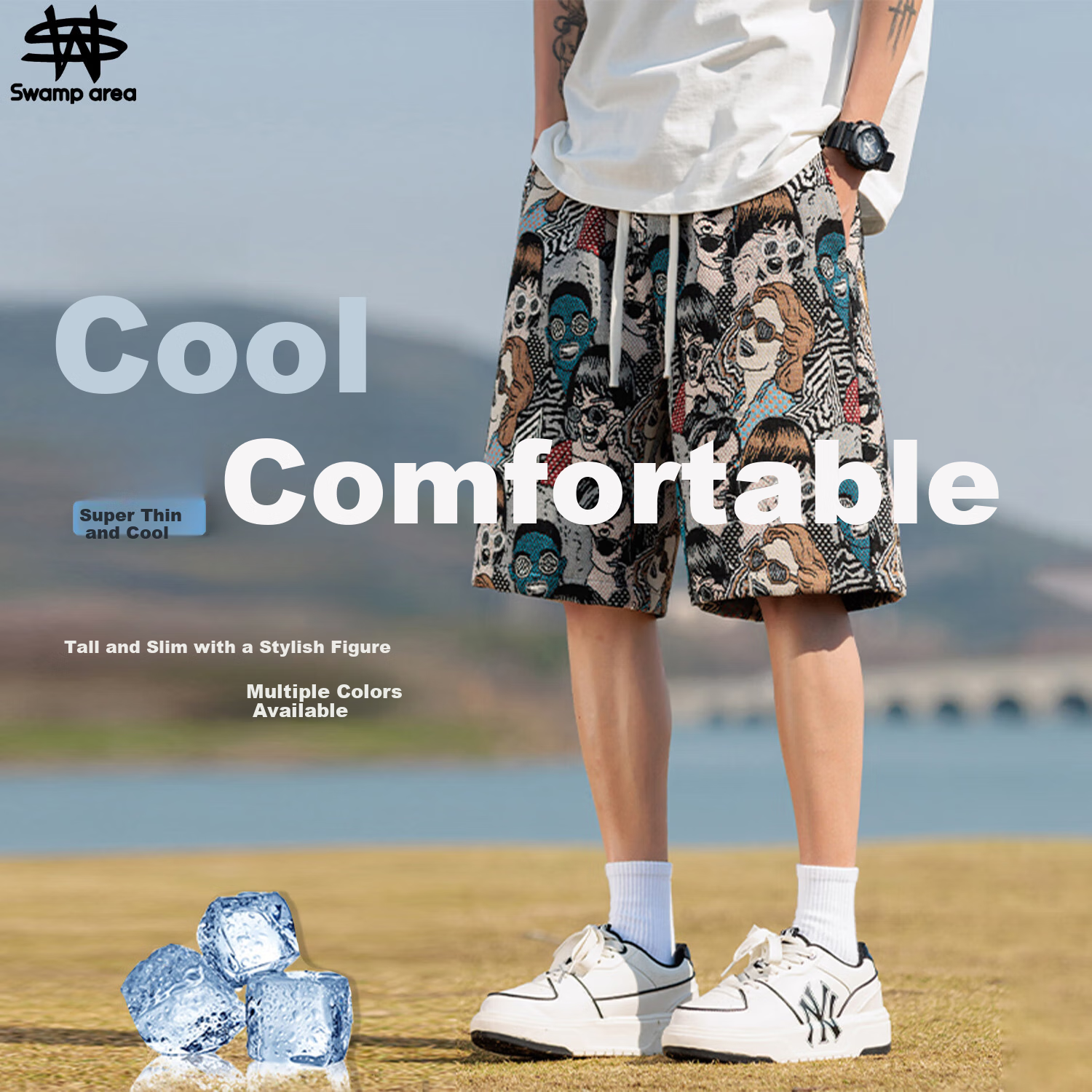 SWAMP AREA American-Style Embroidered Lightweight Casual Cool Shorts for Men, Summer Thin Contrasting Color Five-Point Pants D203 Embroidered Man 3XL