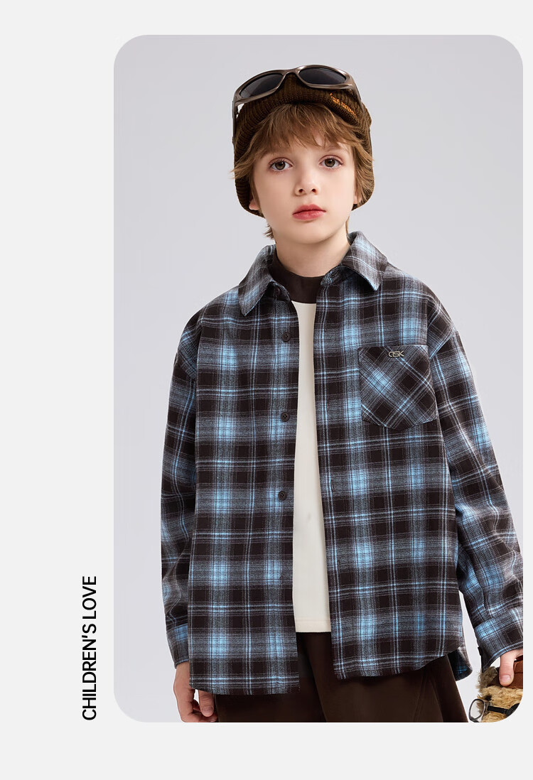 ASK JUNIOR Brushed Cotton Children's Shirt 2026 Spring Big Kids Plaid Contrast Collar Boys Jacket 9