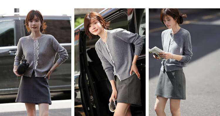 Mt Autumn Soft Lace Splice Cardigan Round Neck Petite Knitwear with Cozy Merino Wool for Women 4