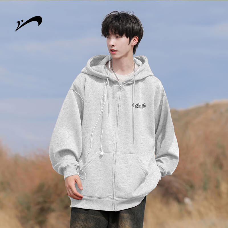Guirenniao Heavyweight Cardigan Hoodie Men Spring Autumn Youth Casual Hooded Jacket Light Gray [Regular] XL