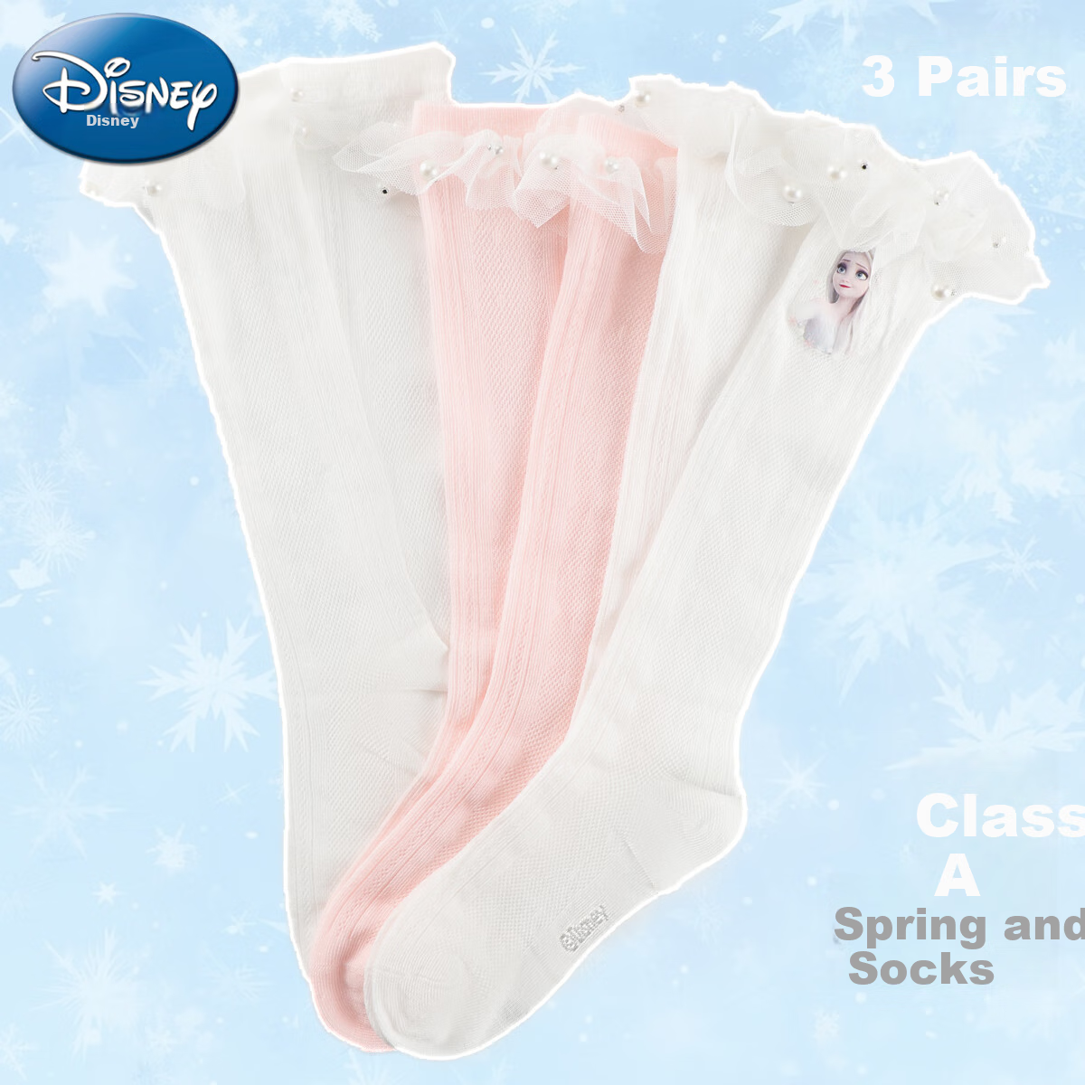 Dishini Girls' Thigh-High Socks, Children's Spring And Summer Mesh High Socks, Ice And Snow DSP3542, Three-Pair Pack (16-18cm)