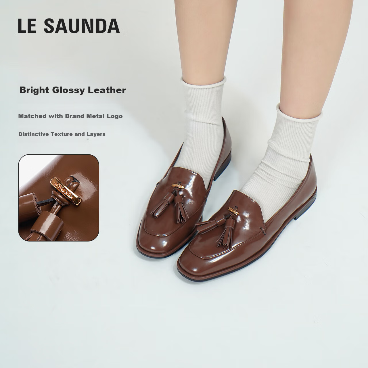 Le Saunda Qiangdongyue Same Style Laifu Family Round Toe Comfortable Genuine Leather Loafers Women's 10502, Mocha Brown, LBB, Size 34