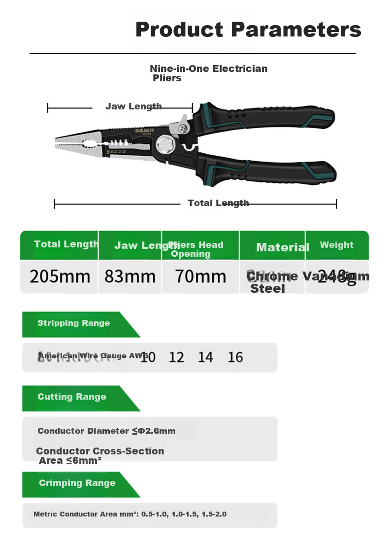 Baolian Electrician's Pliers, Multi-Functional Wire Cutters, Tiger Pliers, Universal Pliers, Electrician's Needle-Nose Pliers, Electrician's Pliers, Wire Cutters, Hand Pliers 12