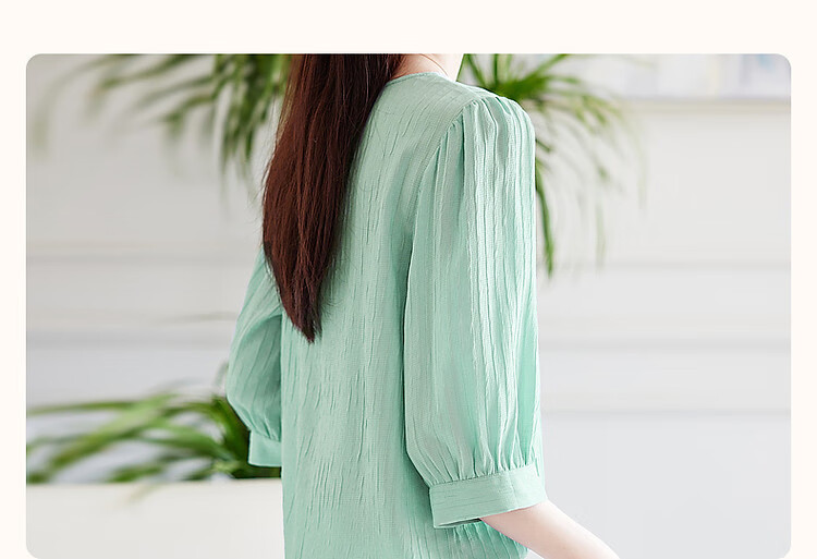 Demana French Texture Shirt Summer Commuter Round Neck Lantern Sleeve Blouse Women's Top 4