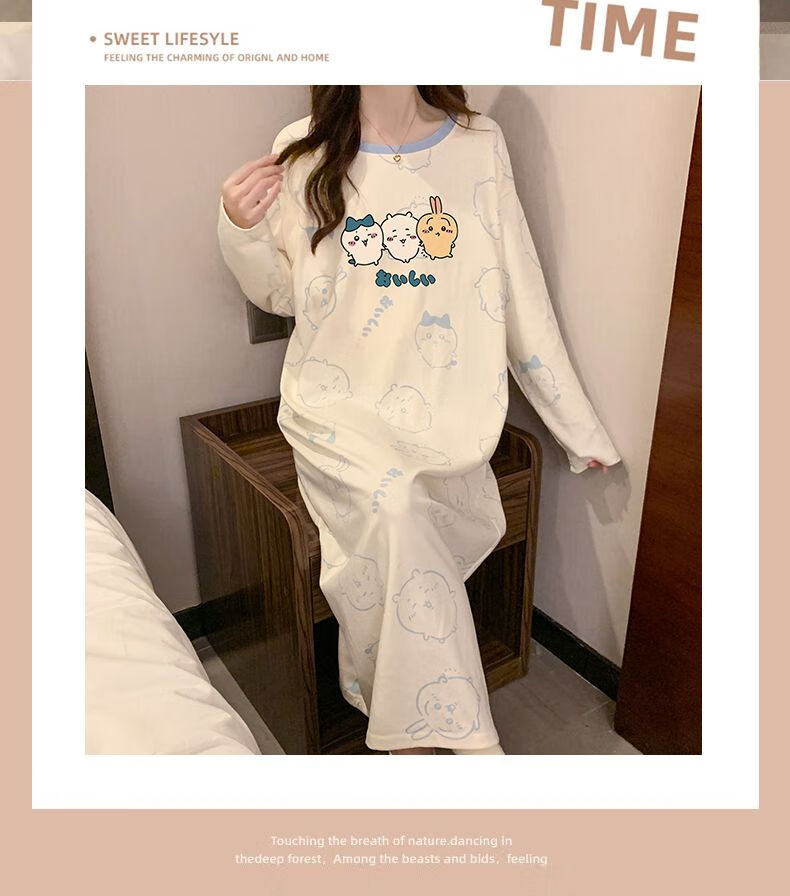 LangSha Pure Cotton Nightgown for Women, Long Sleeve Spring New Cartoon Loose Plus Size Knee-Length Sleepwear, Suitable for Outdoor Wear, Ladies' Pajamas 8
