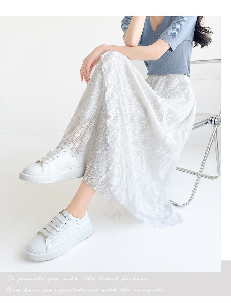 JEANSWEST Women's Autumn High-Waist A-Line Lace Splice Twill Slim Mesh Cake Skirt White M 9