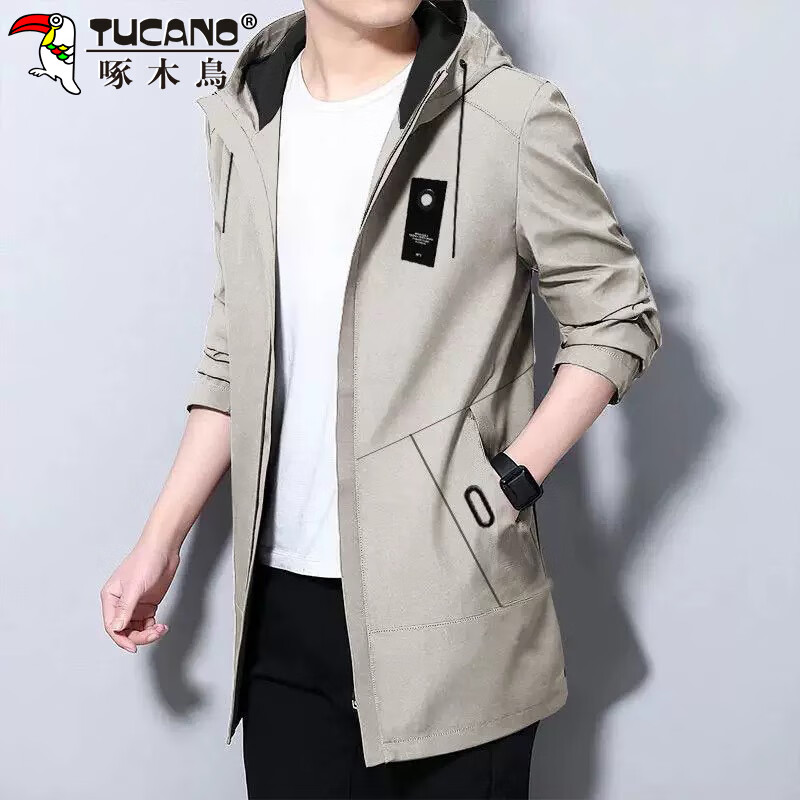 TUCANO Men's Spring Autumn Casual Loose Mid-Length Trench Coat Jacket Hooded Korean Style Khaki M