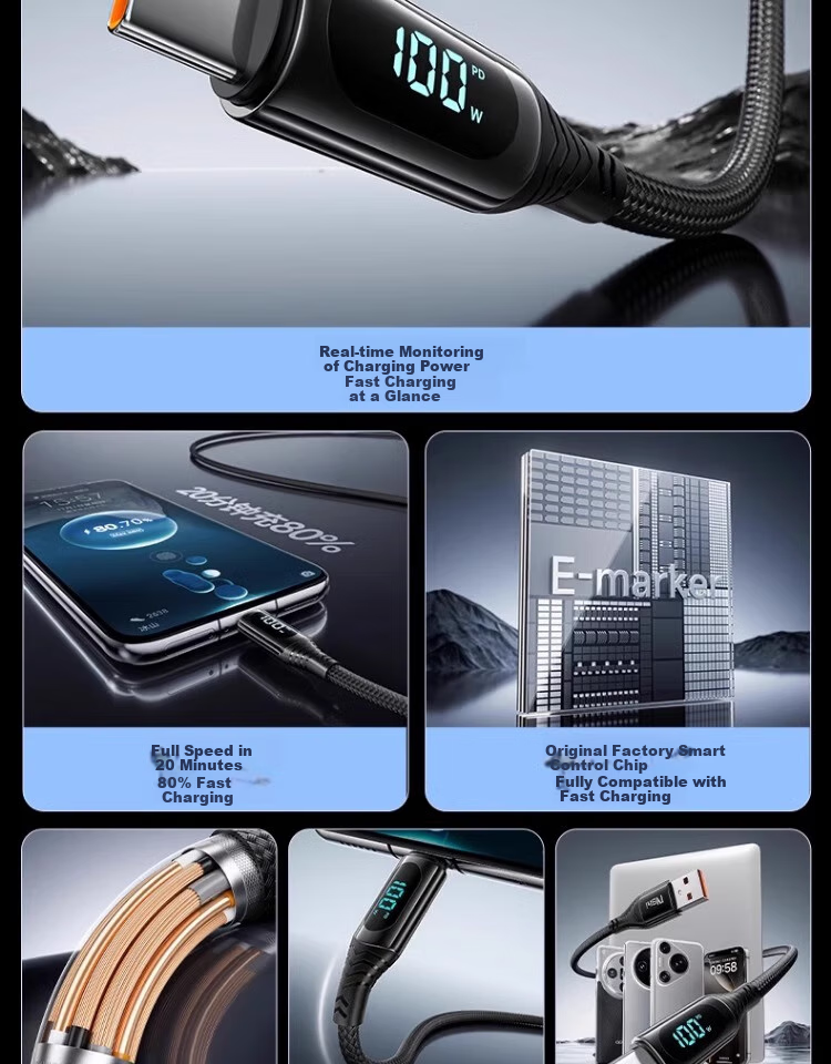 Nengshi Dual-Head Type-C Data Cable, PD100W/80W Fast Charging Cable, Tungsten Gold Digital Display, Suitable for Apple 16/15/Huawei Xiaomi CtoC, Tablet Car Charger, 2 Meters 6
