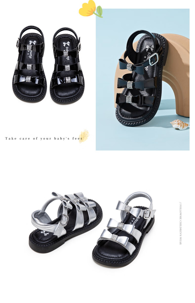 Follow Me Girls' Sandals, Summer New Fashionable Princess Shoes, Soft-Soled Roman Shoes for Older Children, Shadow Black, Size 31 5