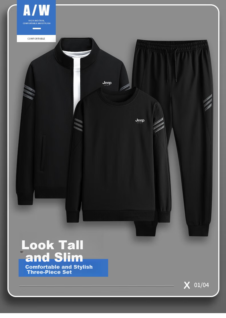 JEEP SPIRIT Men's Spring And Autumn Three-Piece Set: Jacket, Sweatshirt, And Casual Pants Versatile Menswear Dark Blue 5XL 1