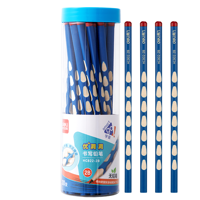 Deli Perforated Pencils, 30 Pieces, 2B Lead, Triangular Shaft, Easy Grip, for Children's Writing, Drawing, Coloring, Posture Correction, Student Handwriting Practice, HC822-2B, Back-To Stationery